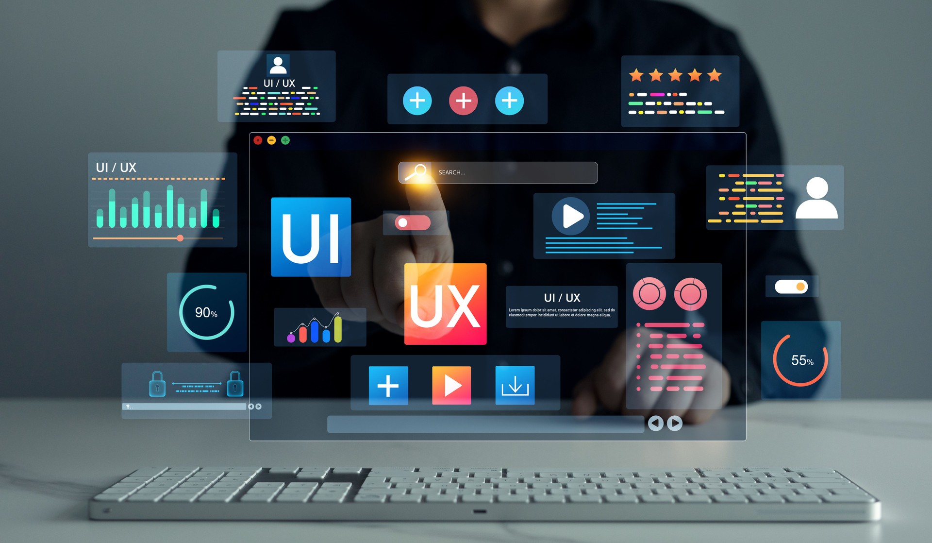 Web design, application design,coding develop.UX-UI design web and user design development.Holographic UI-UX, display icons of UX-UI designer, creative planning, data visualization